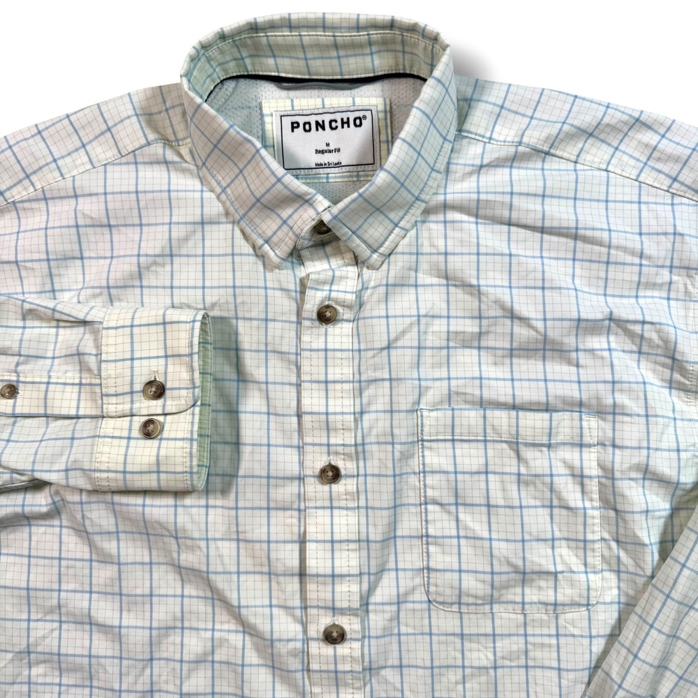 Poncho Regular Fit Plaid Long Sleeve Outdoor Shirt Men's Size Medium Blue Cream